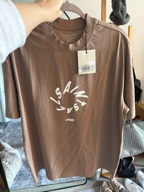 NWT All Saints Men's Graphic Tee in Taupe Brown with White Logo